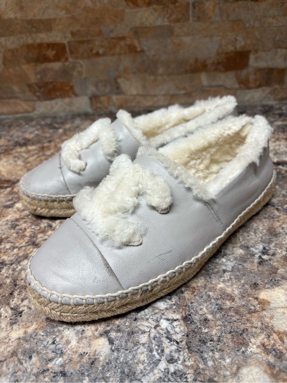 Chanel Lambskin CC Gray Faux Fur Espadrilles SZ 38 US Size 8